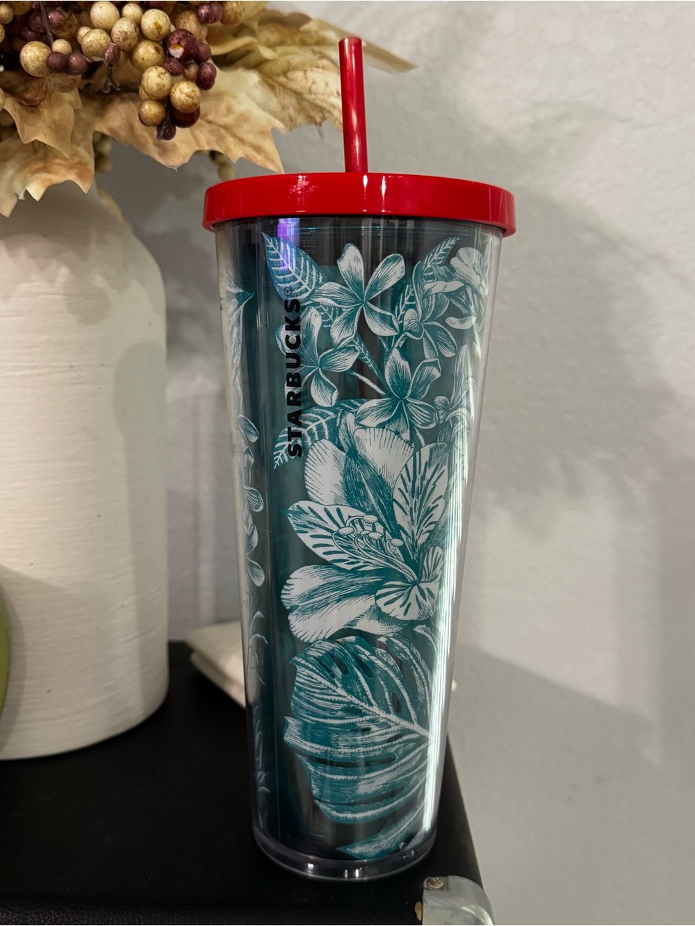 Starbucks Teal Floral Cold Cup with Red Lid and Straw